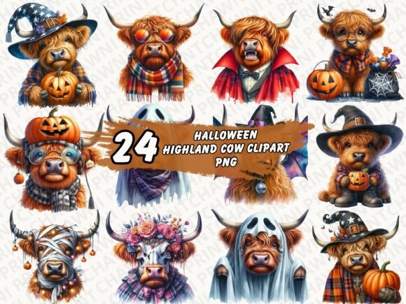 Download Funny Highland Cow Halloween Clipart Set - Halloween Collection