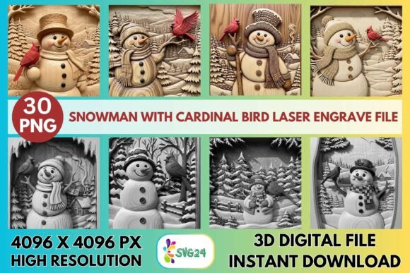 Download Snowman with Cardinal Bird Laser Engrave - Card Collection